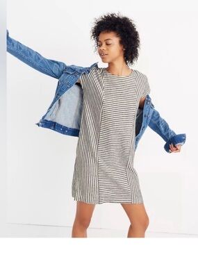 Madewell Linen & viscose Striped shift mini loose dress Grey preppy White S M